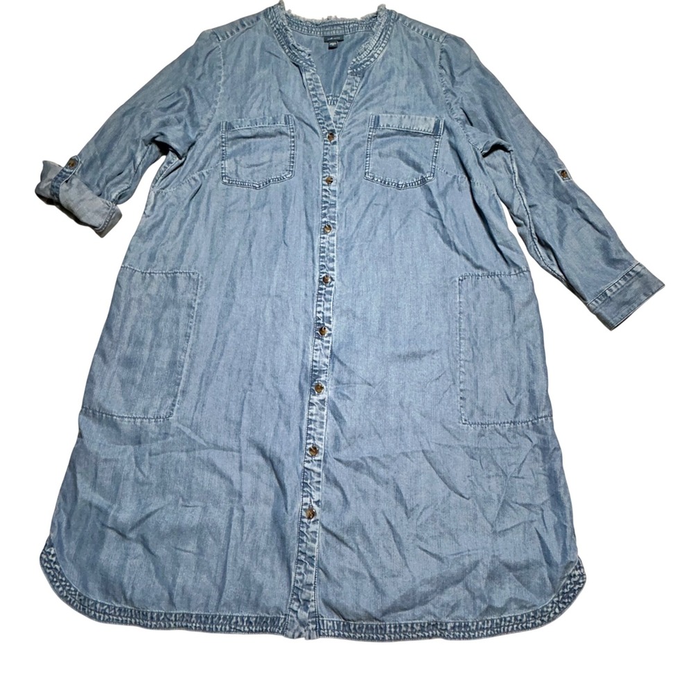 J.Jill Denim Tencel Lyocell Shirt Dress Blue XL Button Front Frayed neck